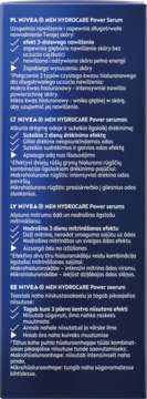 Niebieska etykieta NIVEA MEN Hydrocare Power Serum z białym tekstem, widoczny opis po polsku, litewsku, łotewsku, estońsku.