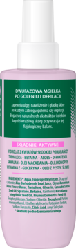 Tył różowej butelki dwufazowej mgiełki po goleniu i depilacji, z zieloną etykietą i pełnym składem.