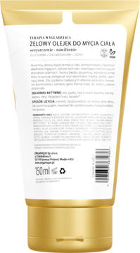 Złota tuba żelowego olejku do mycia ciała Eternal Gold, widok tyłu z etykietą, składem i kodem.