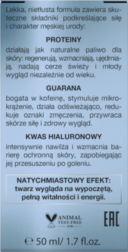 Tył opakowania kremu Dermika 100% for Men 50ml z opisem działania protein, guarany i kwasu hialuronowego.