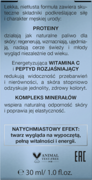 Tył opakowania serum DERMIKA 100% for MEN, z opisem składników, pojemność 30 ml, logo Animal Test-Free.