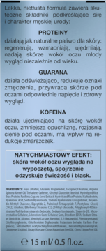 DERMIKA 100% MEN krem roll-on pod oczy. Tył jasnoniebieskiej butelki z opisem działania protein, guarany, kofeiny.