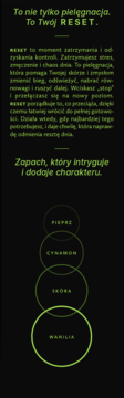 Pionowy baner z tekstem o pielęgnacji RESET dla mężczyzn i listą nut zapachowych: pieprz, cynamon, skóra, wanilia.