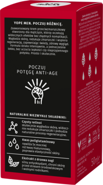 Ciemnoszary tył pudełka YOPE MEN kremu anti-age 50ml. Widoczne szczegóły: retinol, kwas poliglutaminowy, ekstrakt z drzewa sugi.