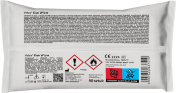 Tył opakowania chusteczek Velox Duo Wipes do dezynfekcji powierzchni, z tekstem i symbolami ostrzegawczymi.