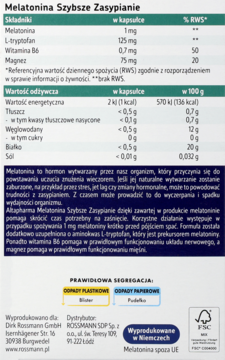 Tył opakowania Melatonina Szybsze Zasypianie z informacjami o składzie, wartości odżywczej i opisie produktu.