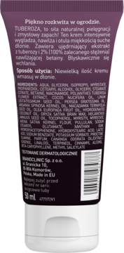 Tył fioletowej tubki kremu do rąk UZDROVISCO Tuberosa 50 ml, z listą składników i informacjami producenta.