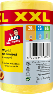 Żółte worki na śmieci JAN Niezbędny z uszami, 20-60L, o zapachu brzoskwini, widok opakowania z boku.