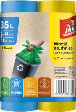 Jan Niezbędny worki na śmieci 35L do segregacji, 4 rolki, zawiązywane, z ikonami frakcji na żółto-niebieskim opakowaniu.
