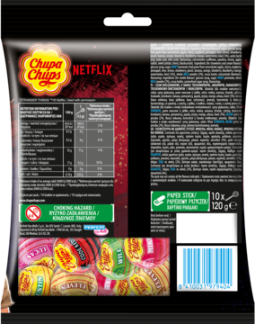 Tył czarnej torebki Chupa Chups Netflix Stranger Things, 10 lizaków. Widoczne informacje odżywcze i kod kreskowy.