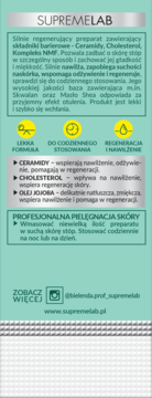Tył opak. Supremelab. Regenerujący preparat do stóp z ceramidami, cholesterolem. Zielona etykieta z opisem działania.