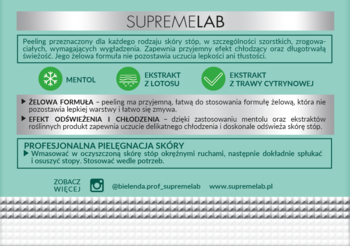 Front zielonej ulotki SupremeLab o żelowym peelingu do stóp z mentolem, lotosem i trawą cytrynową. Opis działania.
