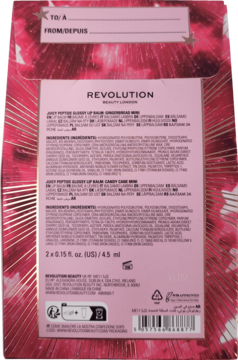 Różowy tył świątecznego zestawu Revolution Juicy Peptide Mini Lip Balm, widoczne składniki Candy Cane i Gingerbread.