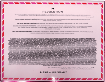 Tył różowego opakowania I heart Revolution. Widoczna lista składników, informacje o zestawie 4 mgiełek 4x100ml.