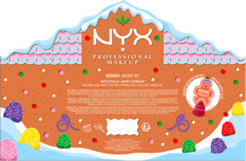 Tylna strona świątecznego opakowania NYX Professional Makeup Smushy Kit, piernikowy domek z cukierkami.