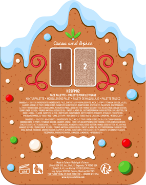 Tył świątecznej palety NYX Buttermelt w kształcie domku z piernika, widoczne dwa odcienie i opis produktu.