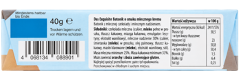 Tył opakowania batonika 40g z tabelą wartości odżywczych i polskim spisem składników na jasnoniebieskim tle.