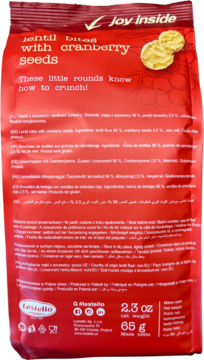 Tył czerwonej torebki Lestello Lentil Bites z nasionami żurawiny. Widoczne informacje o produkcie i waga 65g.