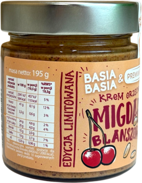 Limitowany krem orzechowy Basia & Basia, blanszowane migdały z wiśnią, szklany słoik, widok z przodu.