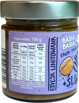 Tył słoika Basia Basia, limitowany krem orzechowo-śliwkowy. Fioletowa etykieta z tabelą wartości odżywczych.