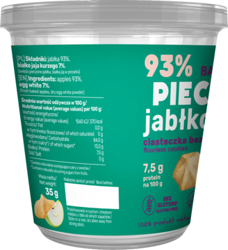 Deser jabłkowy Smile Based 35g, przezroczysty kubek, zielona etykieta z 93% jabłek i 7,5g protein, widok z przodu.