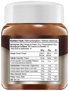 Keto Krem Czekoladowy Król, tył opakowania z etykietą wartości odżywczych. Przejrzysty słoik z brązowym kremem.