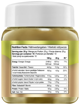 Tył słoika Keto Krem™ Królowa Pistacja z białą etykietą Nutrition Facts, szczegóły o niskich węglowodanach.