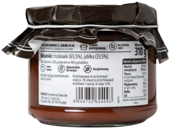 Tył szklanego słoika ciemnych powideł truskawkowo-jabłkowych bez cukru, biała etykieta ze składem.