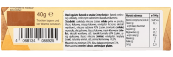 Tył opakowania batonika Das Exquisite Crème Brûlée, 40g, z kodem kreskowym i niemiecką tabelą wartości odżywczych.