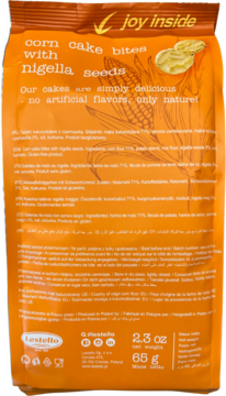 Pomarańczowy tył torebki Lestello talarki kukurydziane z czarnuszką, 65g. Bezglutenowe, bez sztucznych dodatków.