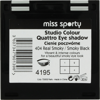Tył czarnej palety cieni Miss Sporty Studio Colour Quattro Eye shadow 404 Real Smoky/Smoky Black, z kodem i opisem.
