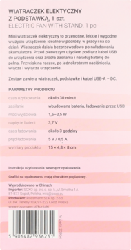 Jasnoróżowe opakowanie przenośnego elektrycznego wiatraczka z podstawką, widoczny tył z danymi technicznymi.