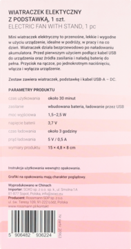 Tył różowego opakowania Eloy wiatraka kieszonkowego, widoczny opis produktu, parametry techniczne i kod kreskowy.