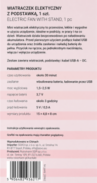 Tył różowego opakowania przenośnego wiatraczka elektrycznego Eloy, ze specyfikacjami produktu.