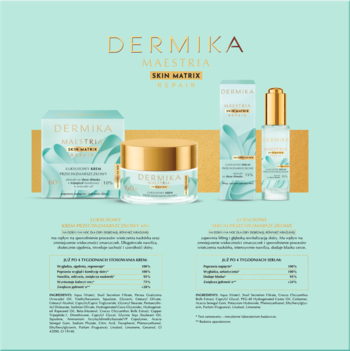 DERMIKA MAESTRIA SKIN MATRIX REPAIR: zestaw kremu i serum przeciwzmarszczkowego, złote detale na turkusie.
