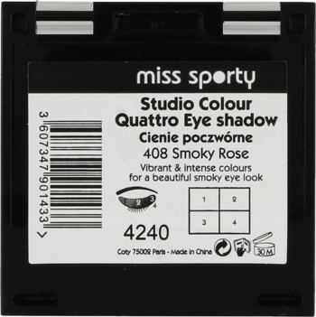 Czarne opakowanie Miss Sporty Studio Colour Quattro Eye Shadow 408 Smoky Rose, widok z tyłu z kodem kreskowym.