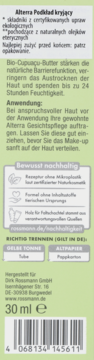 Alterra Podkład kryjący 30ml, tył opakowania z instrukcjami, składem, kodem kreskowym i etykietami eko.