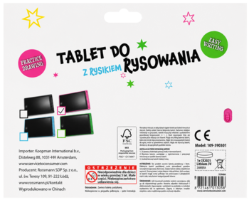Tył opakowania Eloy tablet do rysowania z rysikiem, z ilustracjami kolorowych tabletów.