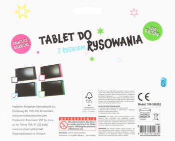 Tył opakowania tabletu Eloy do rysowania z rysikiem, białe tło z kolorowymi napisami i ikonami, widoczny niebieski rysik.