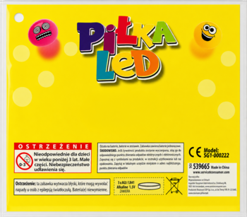 Tył żółtego opakowania Eloy skaczącej piłki LED 5,4cm z ostrzeżeniami, CE i danymi producenta.