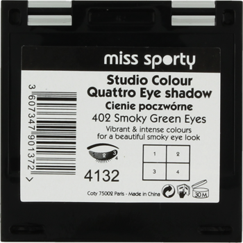 Widok z tyłu czarnej palety cieni Miss Sporty Studio Colour Quattro 402 Smoky Green Eyes z etykietą.