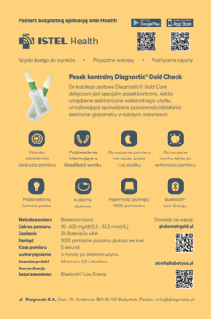 Żółty plakat ISTEL Health z ukośnym zdjęciem zielono-białych pasków kontrolnych Diagnostic Gold Check.