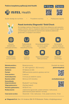 Jasnopomarańczowy plakat ISTEL Health: glukometr Diagnostic Gold Care, paski testowe, funkcje pomiaru glukozy.
