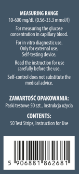 Opakowanie pasków testowych glukozy 50 szt., zakres pomiaru 10-600 mg/dL, instrukcja użycia i kod kreskowy.