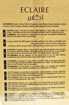 ECLAIRE etykieta produktu: zbliżenie na listę składników i ostrzeżenia w wielu językach na beżowym tle.