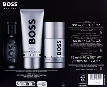 Tył zestawu BOSS: ciemna butelka wody toaletowej 100ml, srebrny żel pod prysznic 100ml, szary dezodorant 75g.