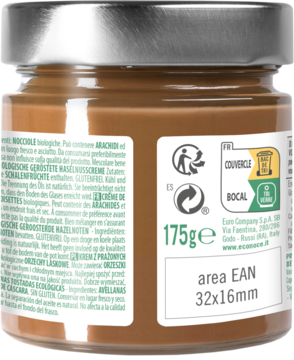 Tył szklanego słoika ECONOCE 100% kremu z orzechów laskowych 175g, z zieloną etykietą, widok na recykling i gramaturę.