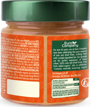 Tył pomarańczowego słoika NUT'S AMORE 100% Krem z migdałów i mango, widoczne etykiety z info i zielona nakrętka.