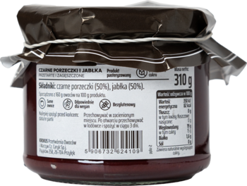 Tył słoika powideł z czarnej porzeczki i jabłek, bez cukru, z etykietą i brązowym wieczkiem.