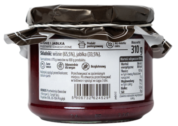 Tył słoika powideł wiśniowych bez cukru 310g, z etykietą pokazującą skład (wiśnie 85,5%) i wartości odżywcze.
